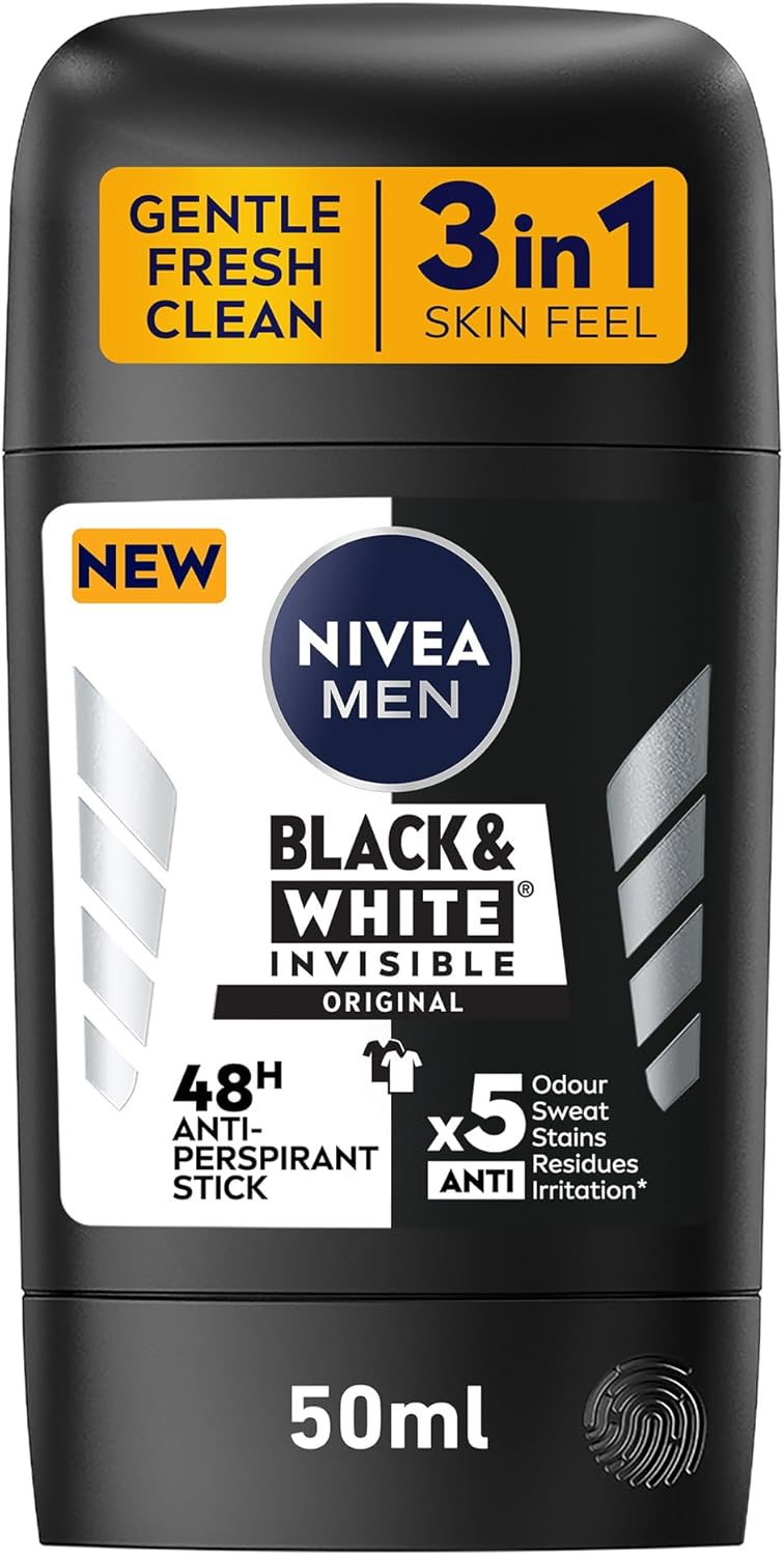 NIVEA MEN Antiperspirant Stick for Men, 48h Protection, Black & White Invisible Original, 50ml
