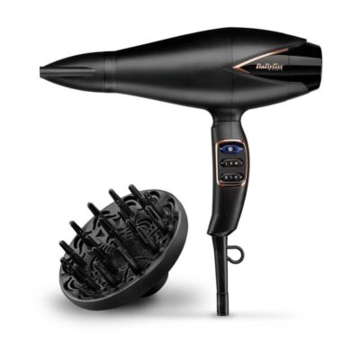 Drying digital hair with BabyLiss, 2200 watts power, bronze black color, high ionized distribution, controls creasing, three heat settings, two speeds, cool breeze, ceramic and titanium seramic nozzle (D665Sde)