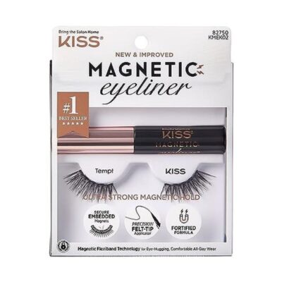 KISS Magnetic Eyeliner & Lash Kit Tempt 1 Pair of Synthetic False Eyelashes With 5 Double Strength Magnets and Smudge Proof Biotin Infused Black Magnetic Eyeliner with Precision Tip Brush