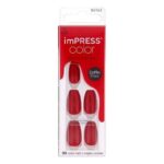 KISS imPRESS Press On Nails Reddy or Not Coffin Shape (Medium) No Glue Fake Nails Set with Mini File Prep Pad Manicure Stick Gel Acrylic Nail Kit