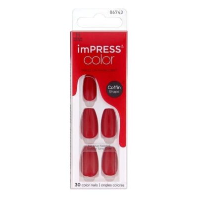 KISS imPRESS Press On Nails Reddy or Not Coffin Shape (Medium) No Glue Fake Nails Set with Mini File Prep Pad Manicure Stick Gel Acrylic Nail Kit